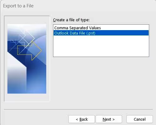 Choose Outlook Data File (.pst) as the file type and select the folder(s) you wish to export