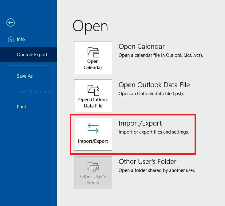 From the left-hand menu, select Open & Export, and then click on ImportExport.