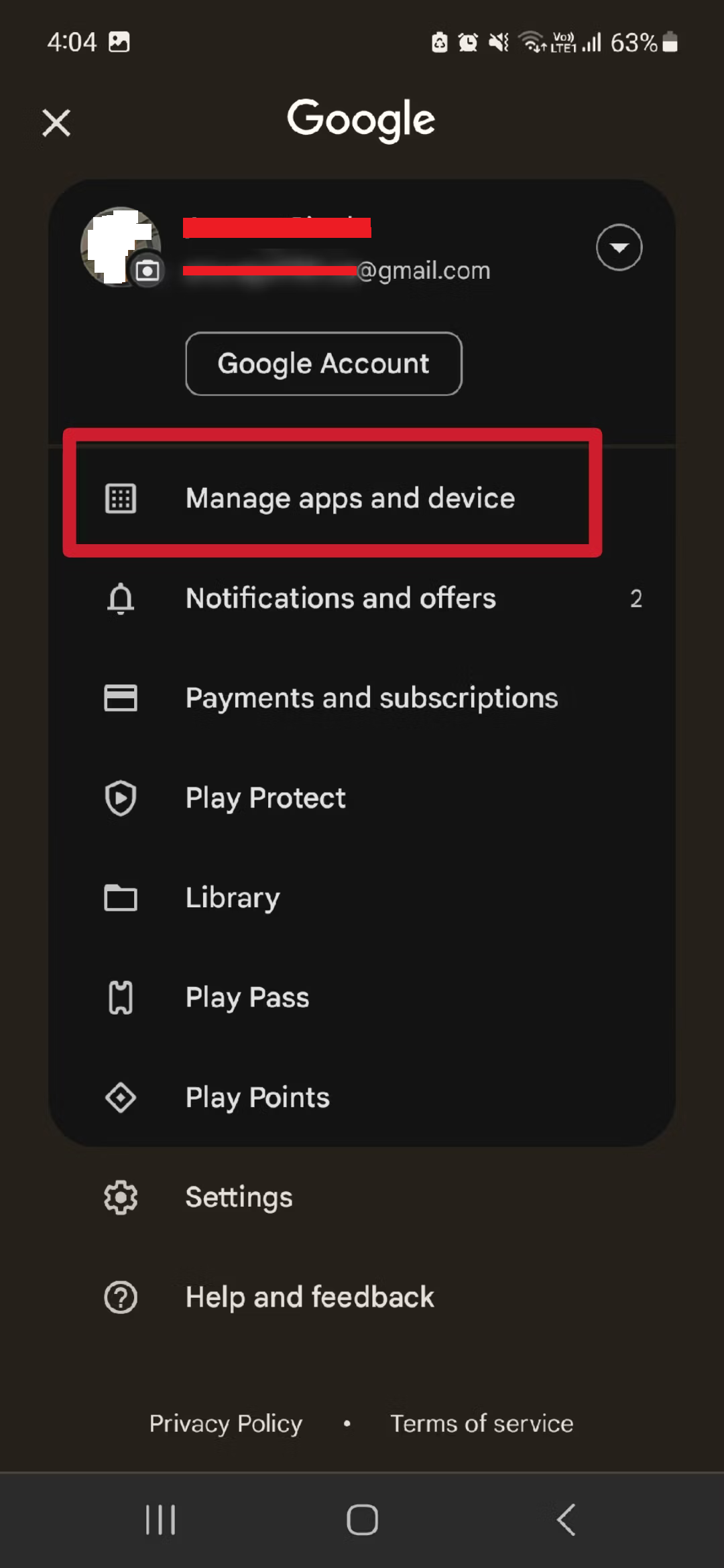 From the menu that appears, select Manage apps and device.