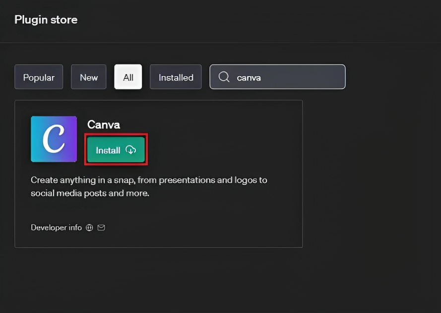 In the plugin store, locate and select the Canva plugin.