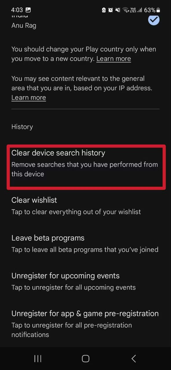 Scroll down to the History section and select the Clear device search history option