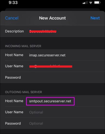 Scroll down to the Outgoing Mail Server section and input the following Host name smtpout.secureserver.net