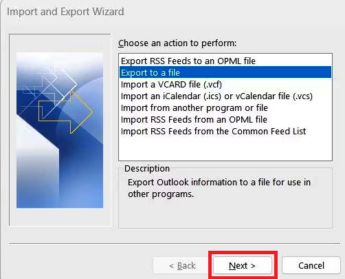 Select Export to a file and click Next.