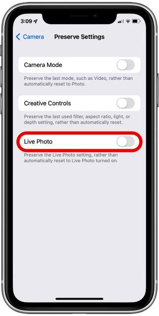 Toggle the switch to activate the preservation of your Live Photo settings