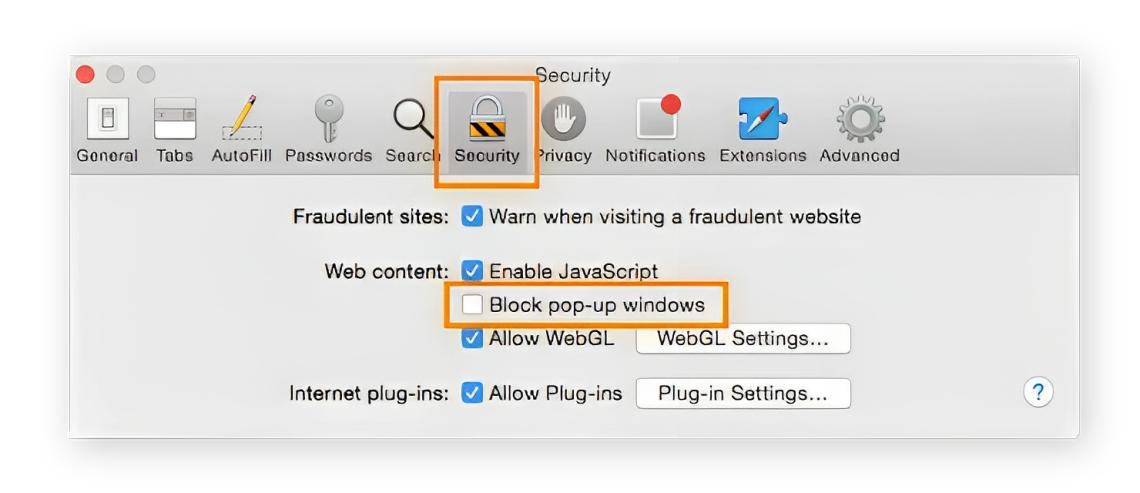 Uncheck the Block pop-up windows option