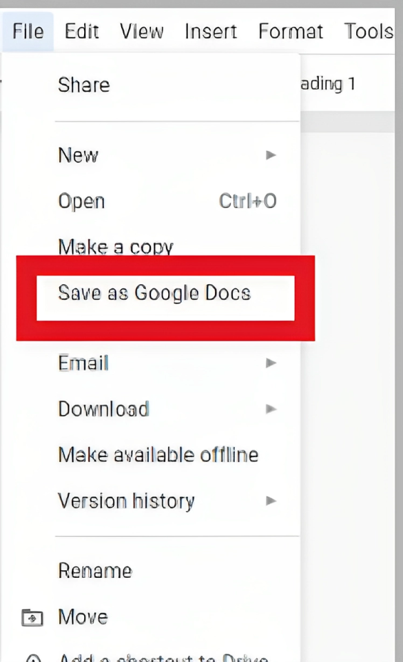 click on File in the top left corner, and then select Save as Google Docs
