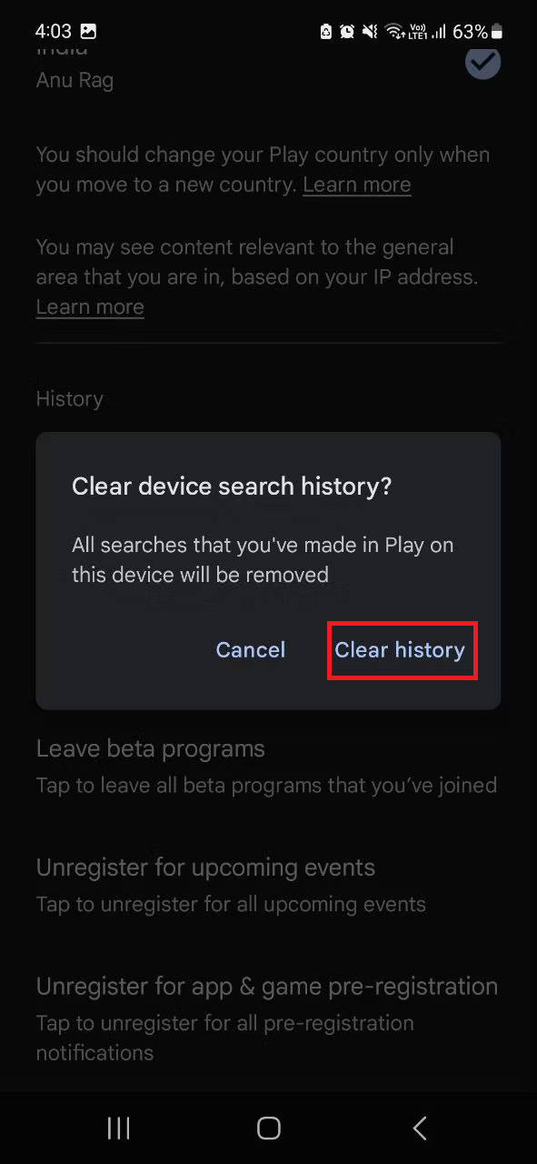 confirm by selecting Clear history