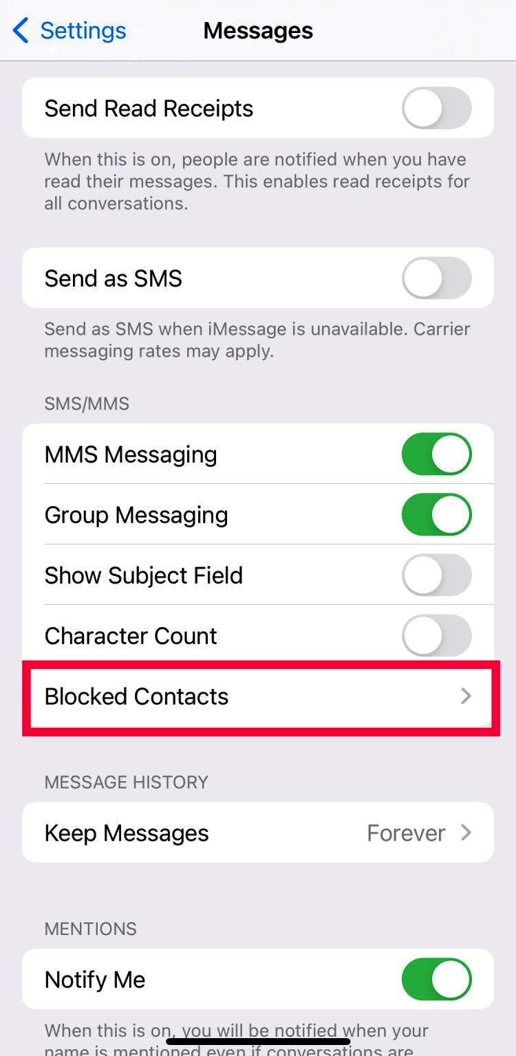 message-Tap on Blocked Contacts.