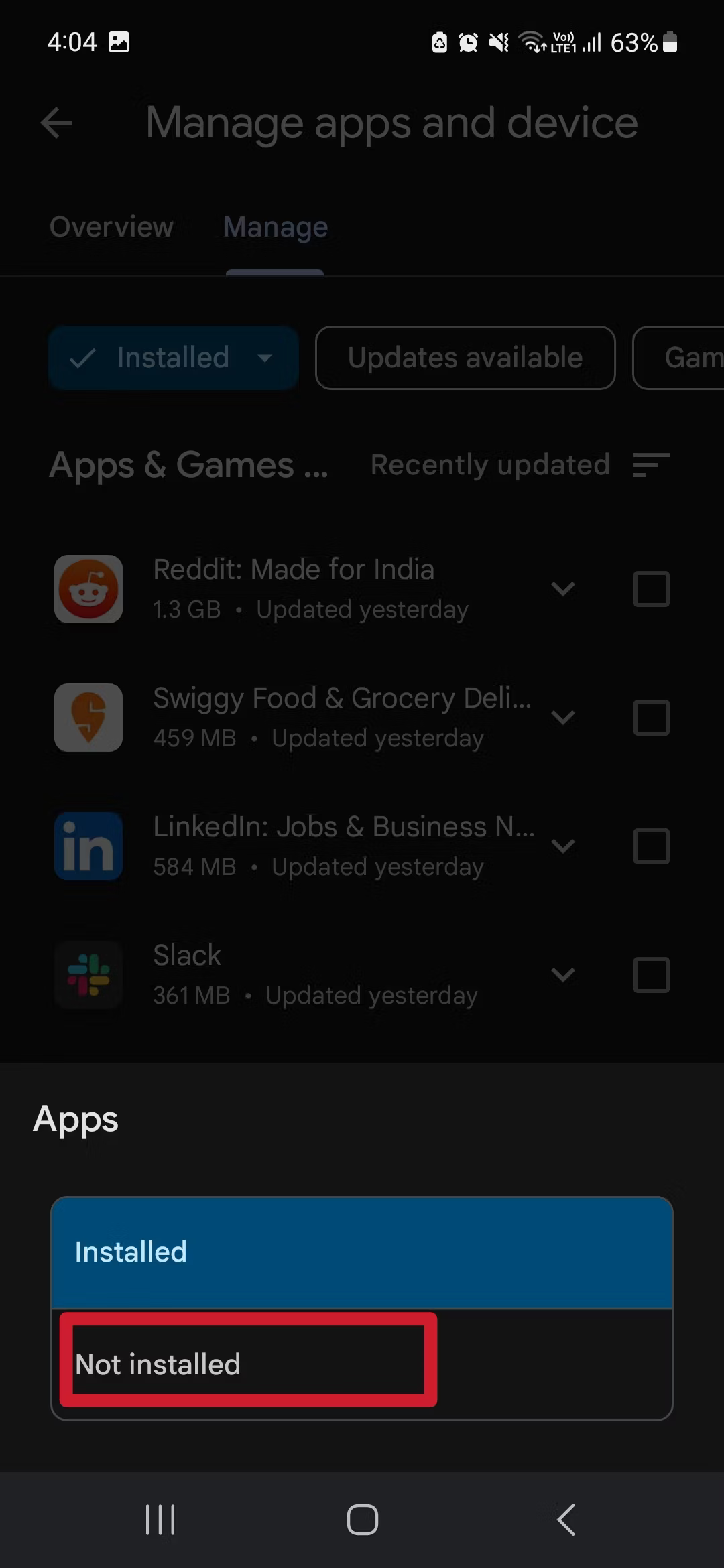 select Not installed. This will reveal a list of apps you previously installed but have since uninstalled.