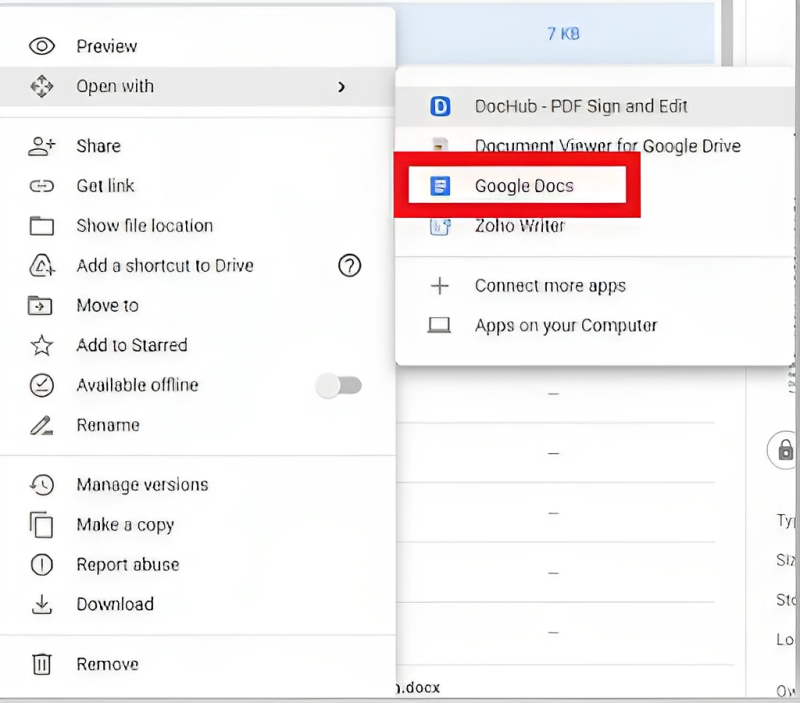 select Open with, and then choose Google Docs from the options