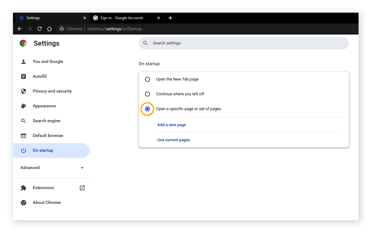 Choose the option Open a specific page or set of pages