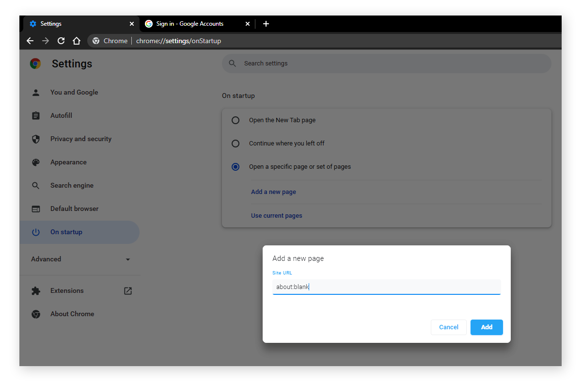 Choose the option Open a specific page or set of pages.