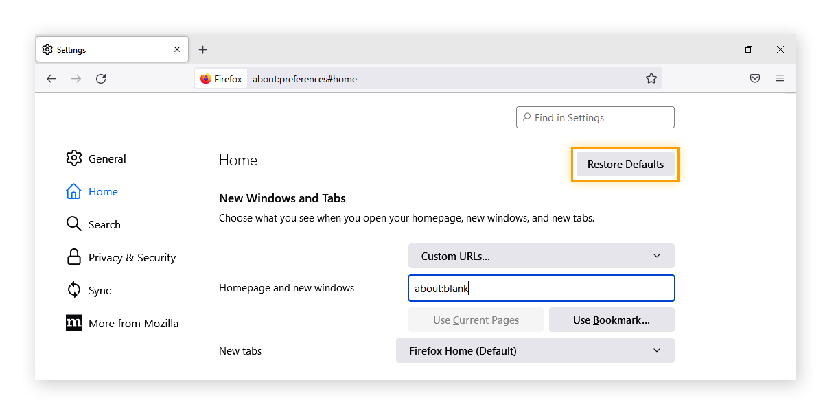 Click Restore Defaults