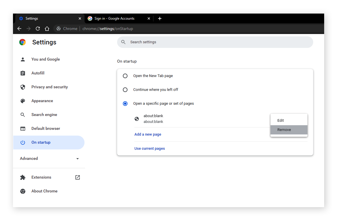 Remove aboutblank from being set as the start page