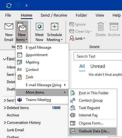 Select New Items, then choose More Items from the dropdown menu. From there, pick Outlook Data File from the next menu