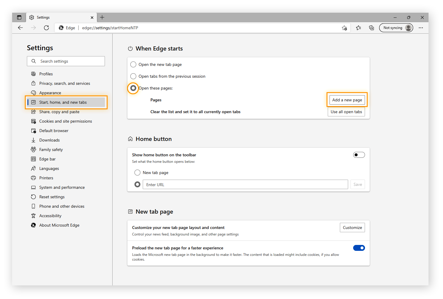 Select Open these pages, then click Add a new page