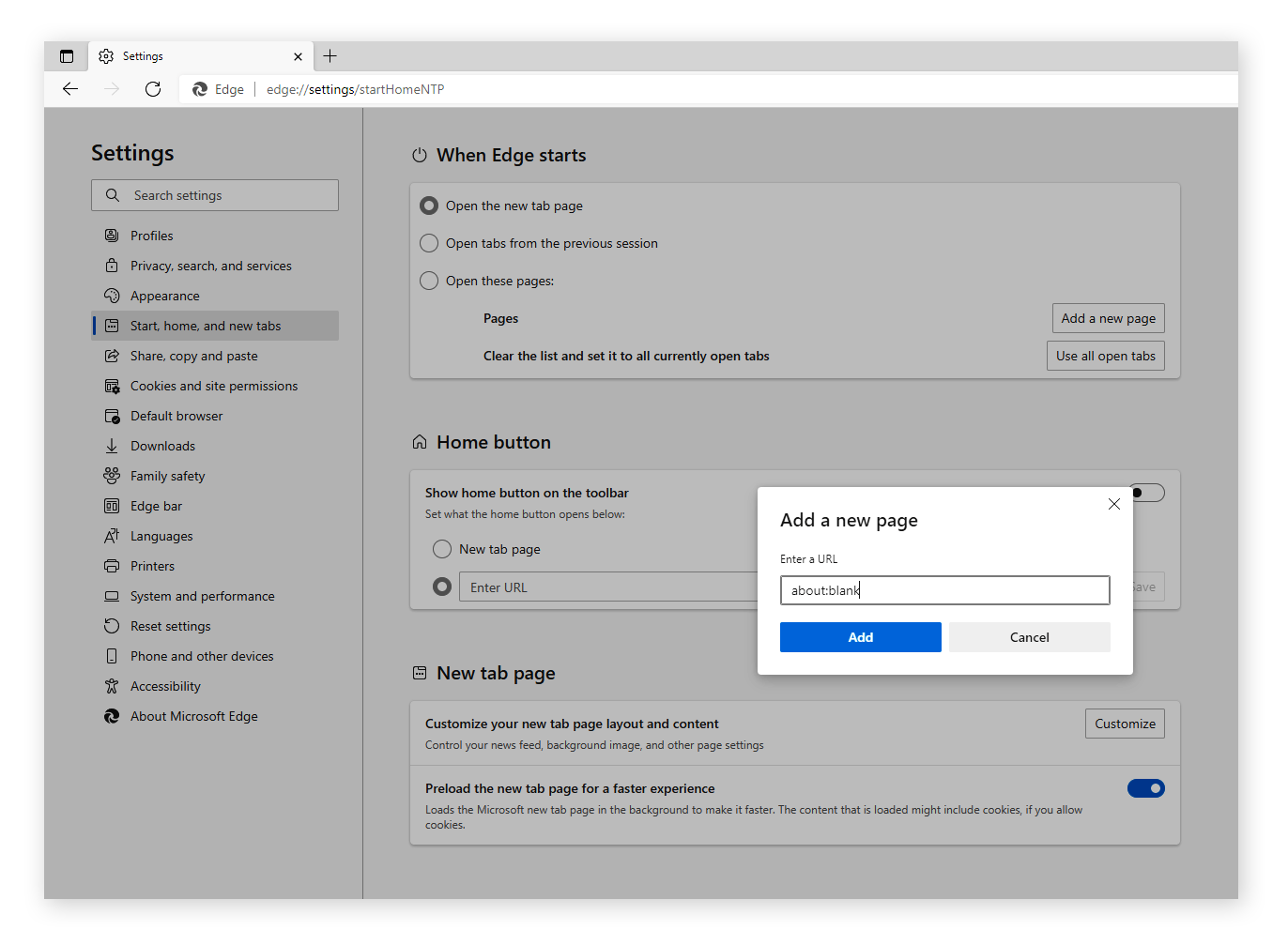 Type aboutblank and click Add