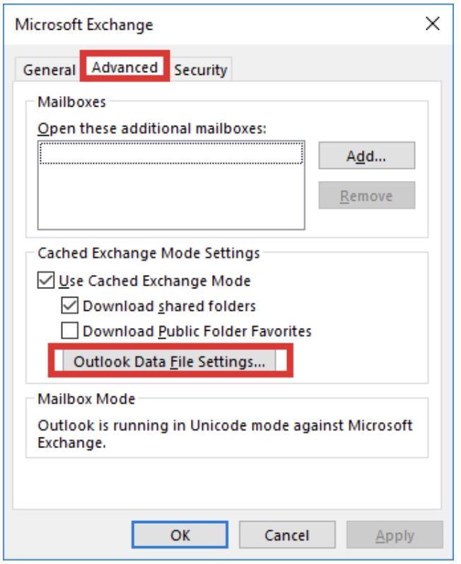 select the Advanced option. Then, click Outlook data file settings