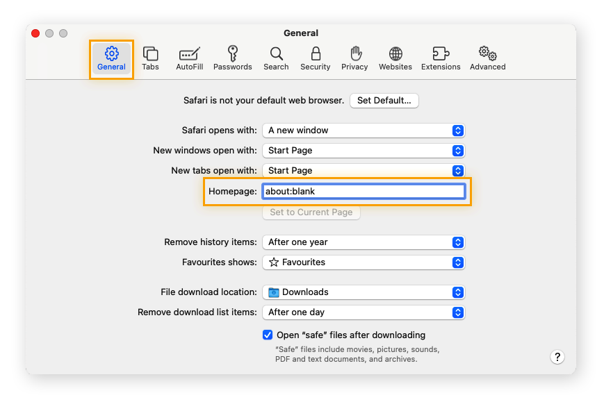 select the General tab and set aboutblank