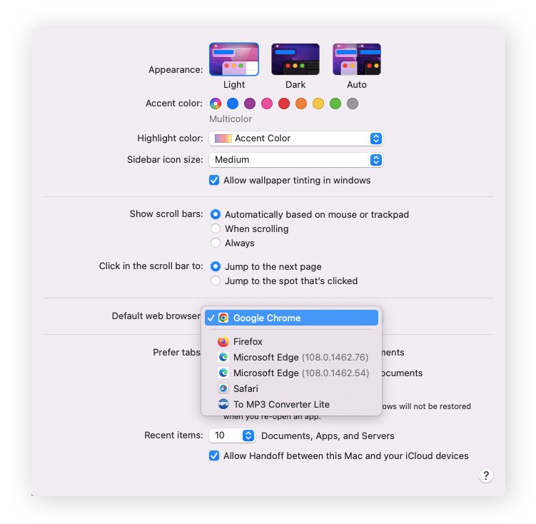 Choose Google Chrome from the Default web browser drop-down menu