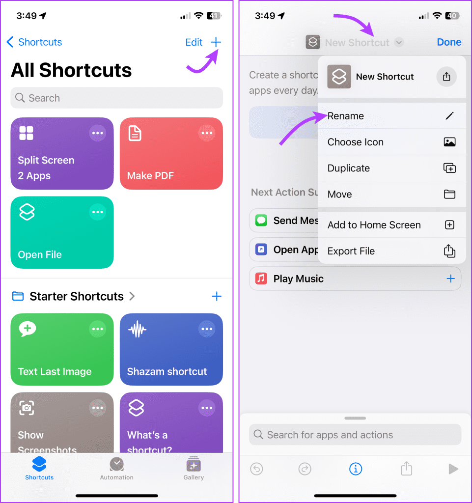 Choose New Shortcut → Rename → give your Shortcut a name