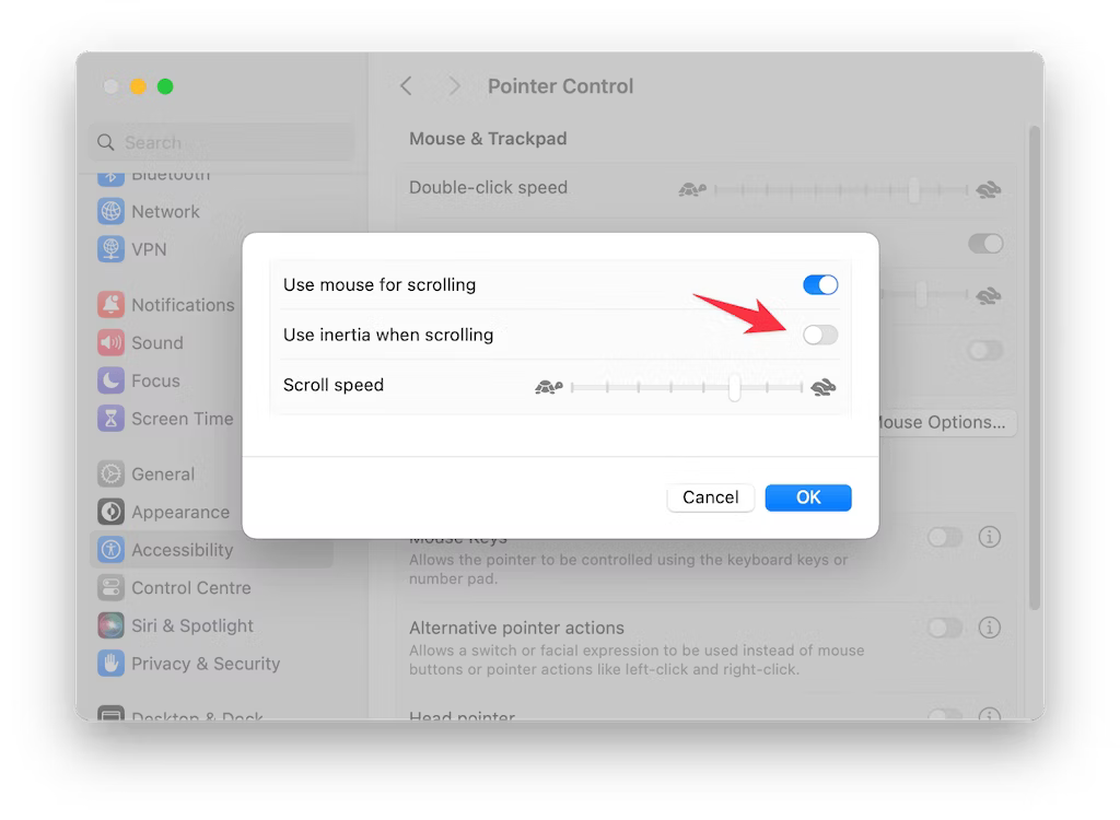 Disable the toggle next to Use inertia when scrolling.