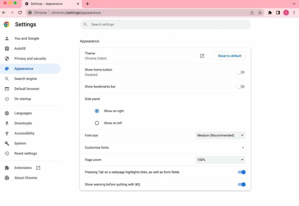 How to customized Appearance on Chrome