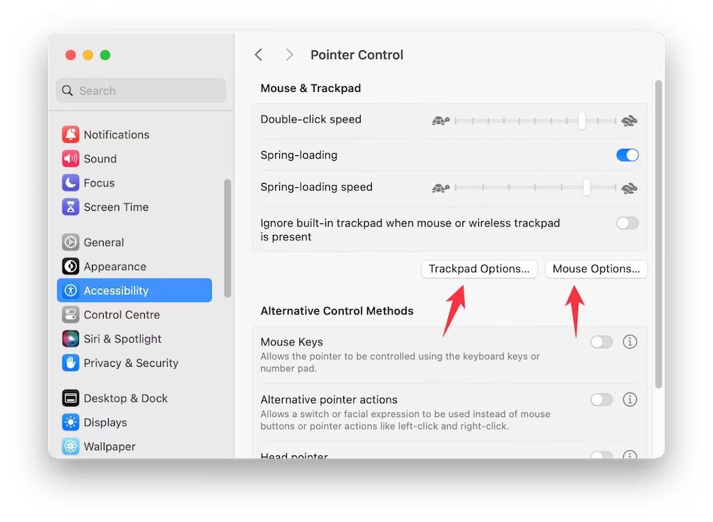 select either Trackpad options or Mouse options.