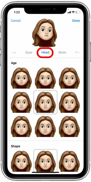 Choose your Memoji's age and head shape under Head