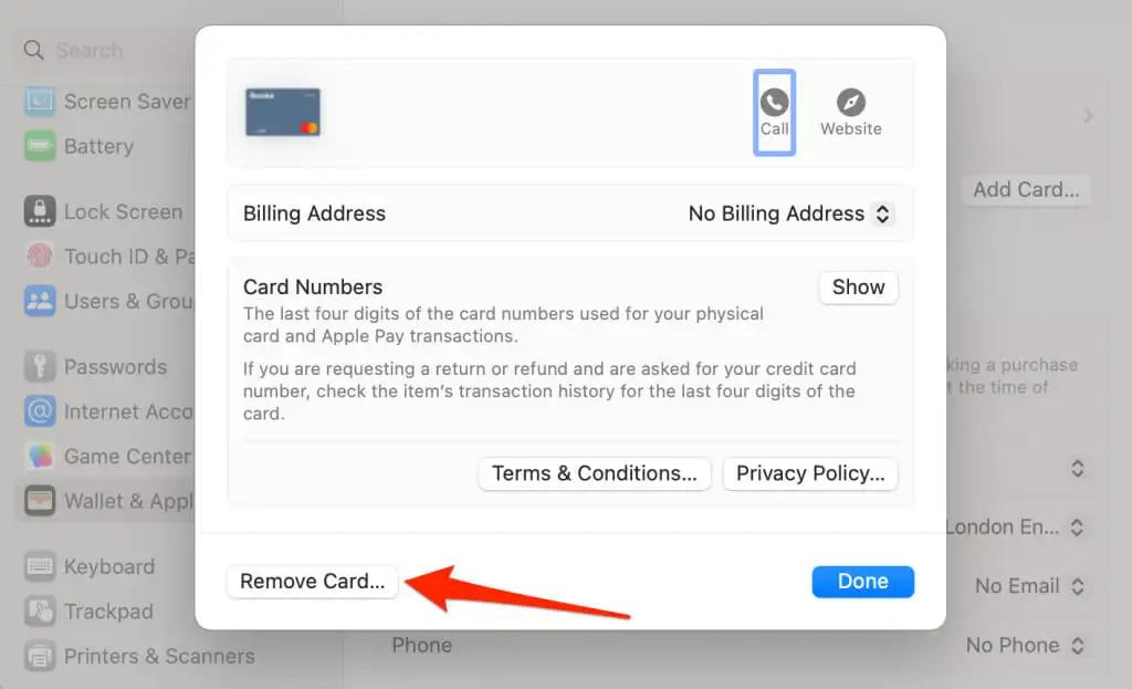 Click Remove Card on the minus (-) sign located in the bottom left corner