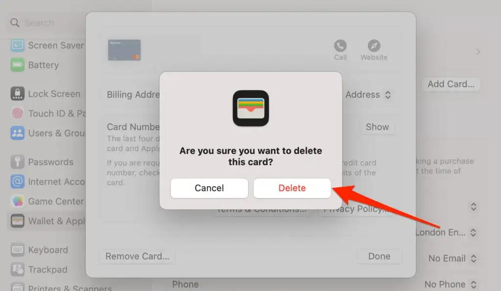 Confirm your decision to remove the card by clicking on Delete.