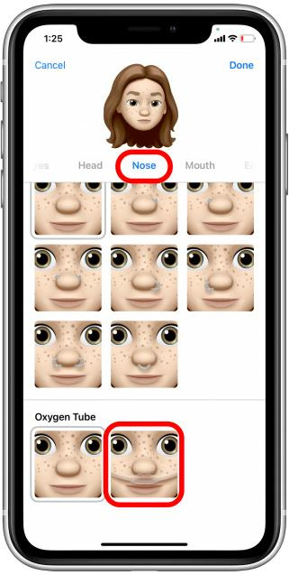 Customize nose size, shape, piercings, and optionally add an oxygen tube under Nose