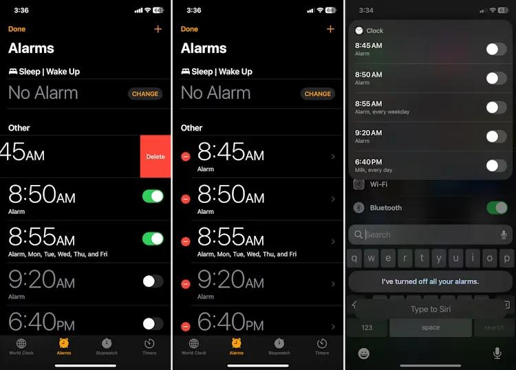 Delete all alarms and set a fresh