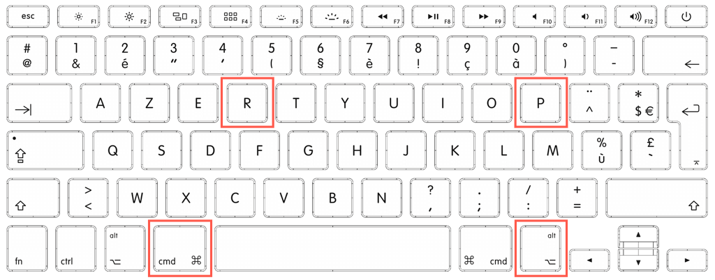Hold down the Command + Shift + P + R keys and press the Power button to restart