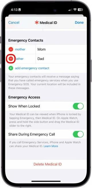 If you want to delete an emergency contact, tap the red minus button beside their name, then tap Delete.