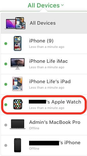 Locate your Apple Watch in the list of devices under the All Devices menu