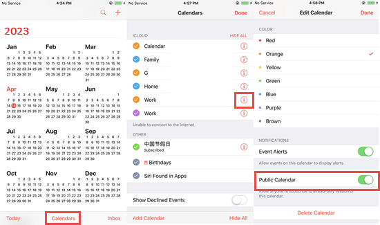 Make iCloud calendar public on iPhone