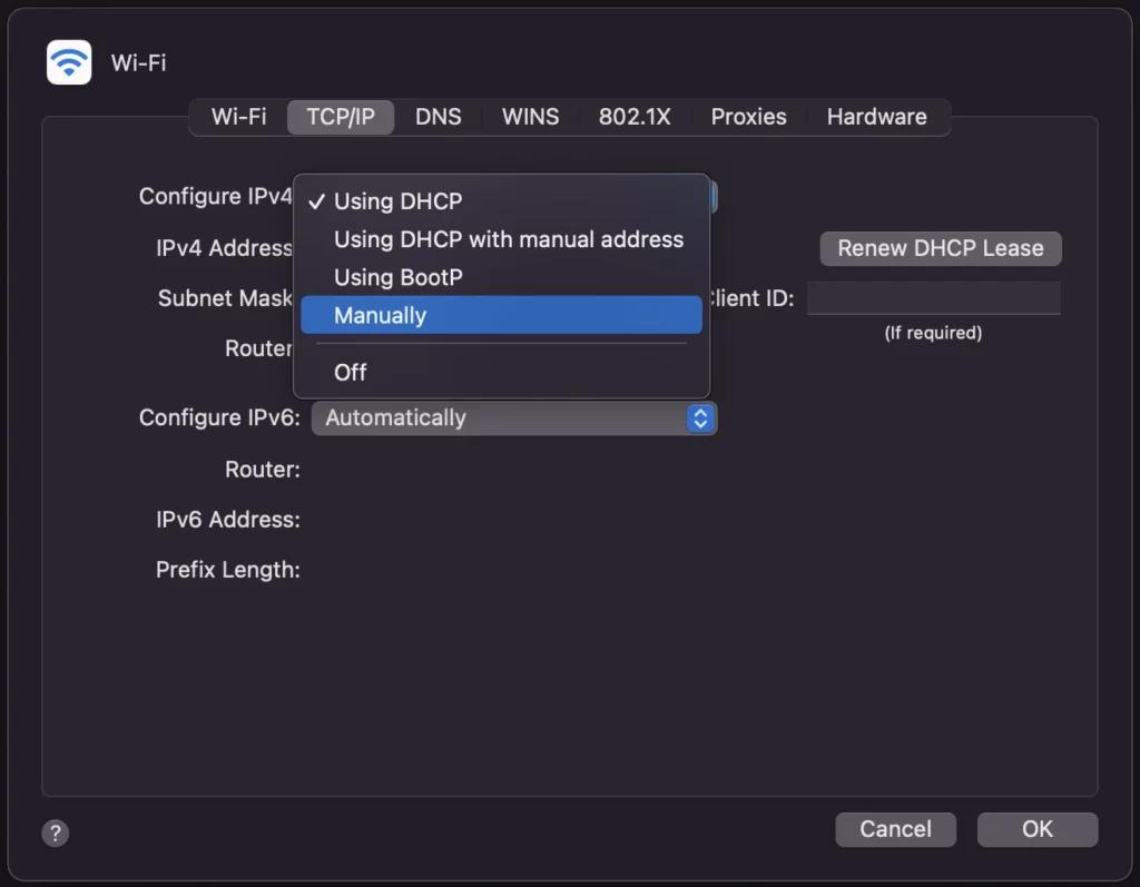 choose Manually to manually change the IP address