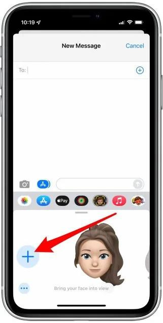 Select the plus icon on the left side of the Animoji options