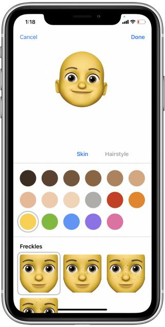 Start creating your Memoji by choosing your skin tone and adding features like freckles, blush, and beauty marks