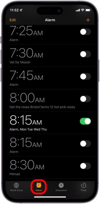 Tap Alarm at the bottom of the screen, and ensure that each alarm is set to the correct time, including specifying AM or PM, and that the alarms are activated