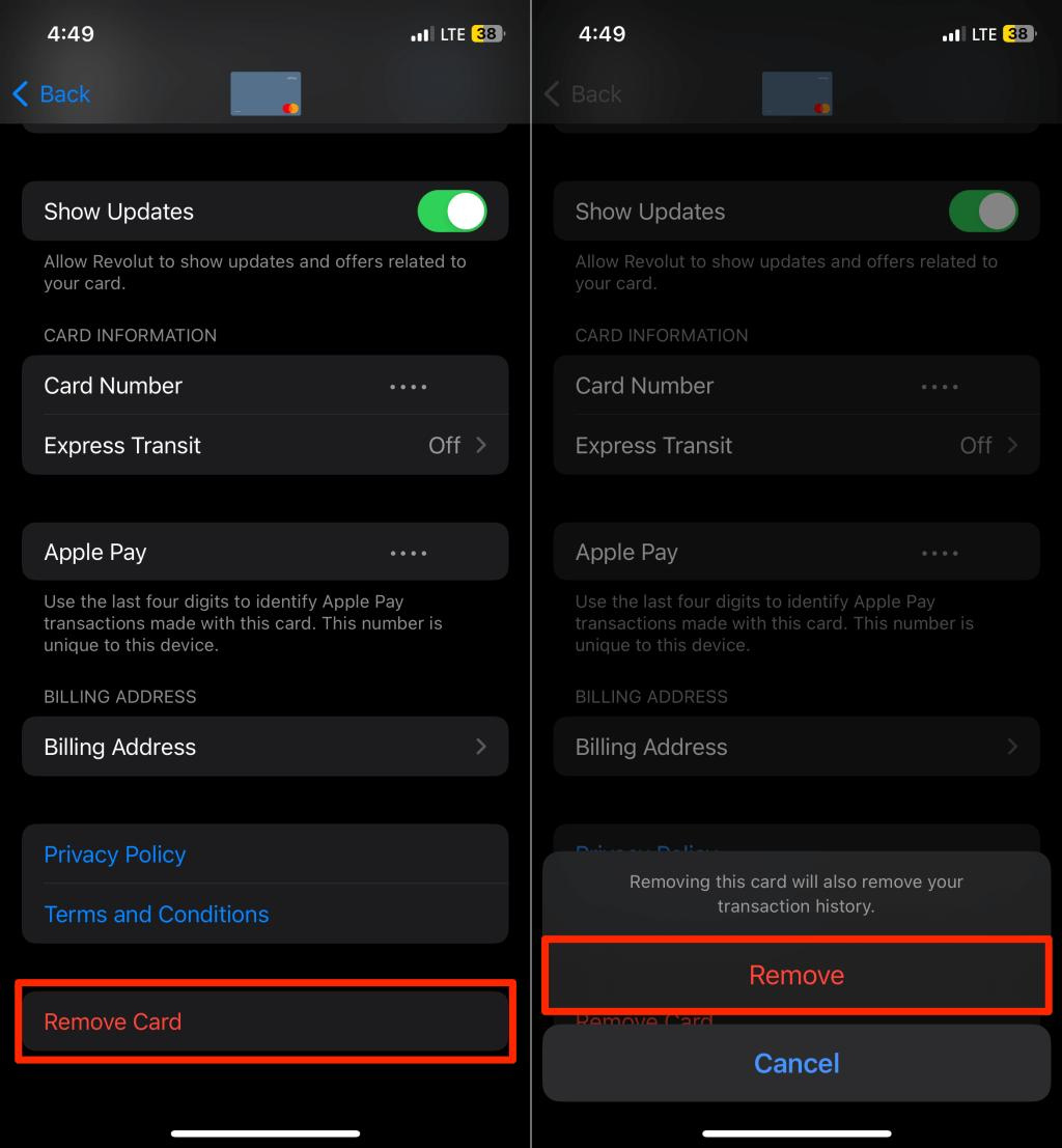 Tap on Remove Card and confirm the removal by selecting Remove on the confirmation screen