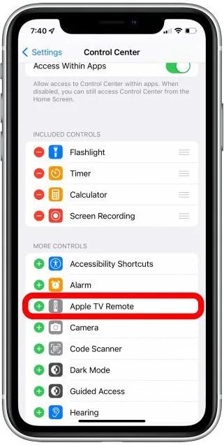 Tap the green plus next to Apple TV Remote to add it to Control Center