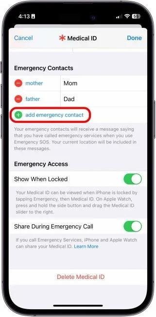 To add a new emergency contact, tap Add Emergency Contact.