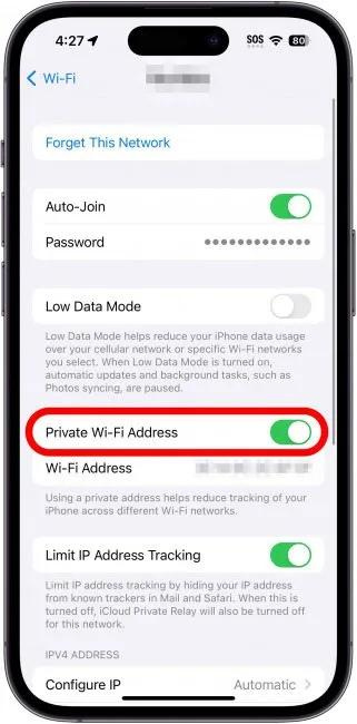 Toggle the switch next to Private Wi-Fi Address to enable this functionality.