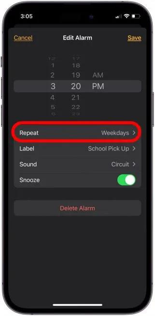 You can also tap on each individual alarm, then tap Repeat