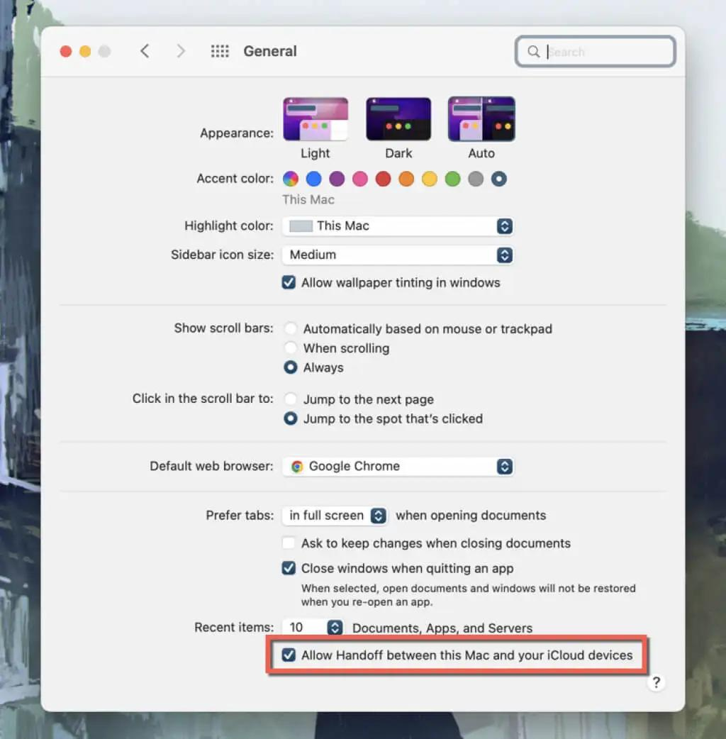 checkbox beside Allow Handoff between this Mac and your iCloud devices