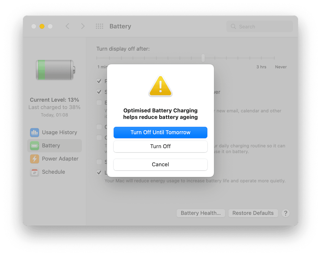 how to turn off Optimized battery chagrin in macOS Monterey or earlier versions
