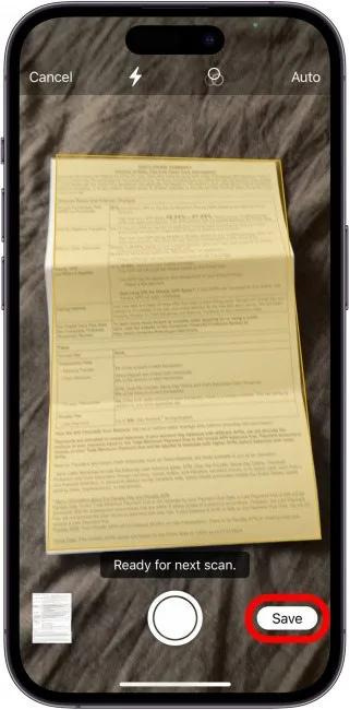 Repeat the previous step to continue scanning more pages. When finished, tap Save