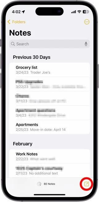 Start a new note by tapping the New Note button in the bottom right, or open an existing note